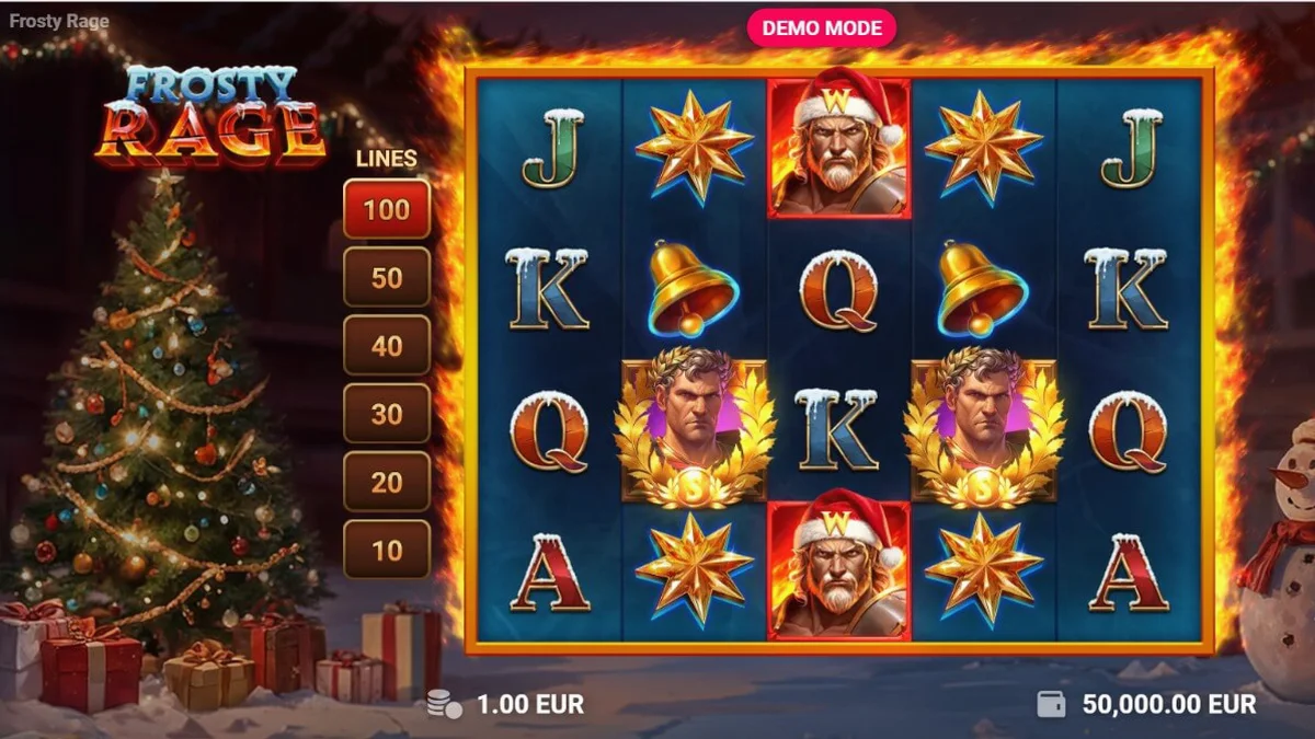 Giao diện trò chơi slot Frosty Rage với chủ đề Giáng sinh và đấu sĩ
