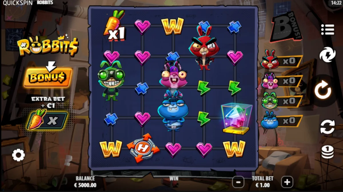 Giao diện trò chơi slot Robbits với băng nhóm thỏ trong hang ổ