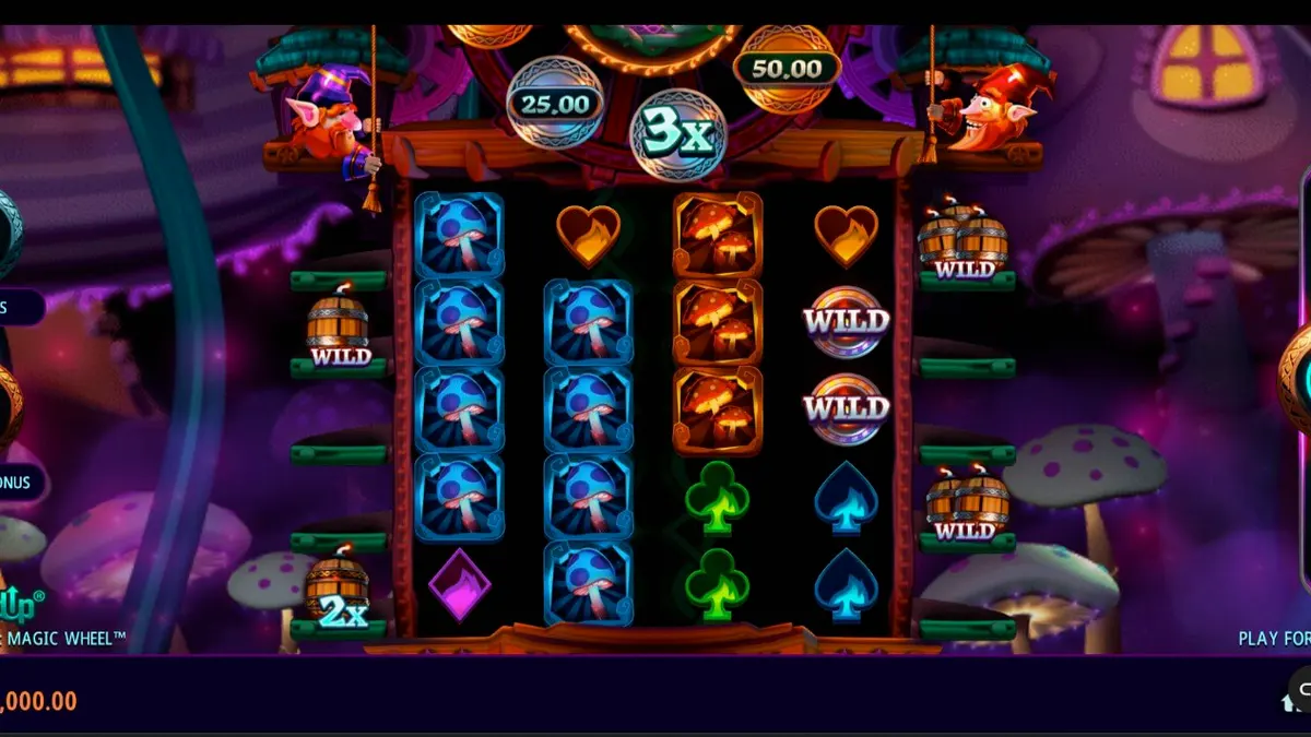 Giao diện trò chơi Fire Gnomes 2 Magic Wheel với các biểu tượng nấm và chú lùn